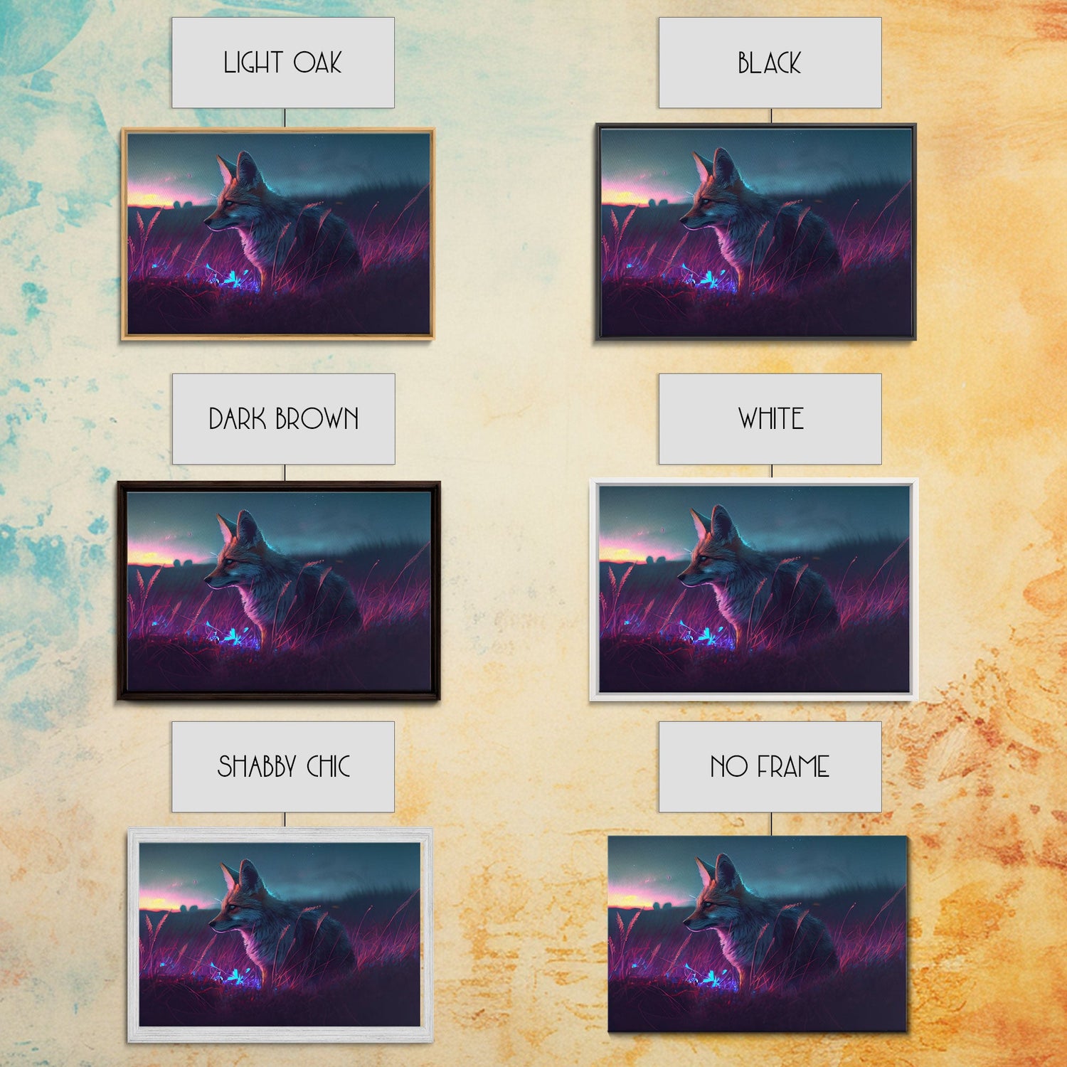 Cute animal prints, vaporwave fox hunting in the tall grass, framed canvas print