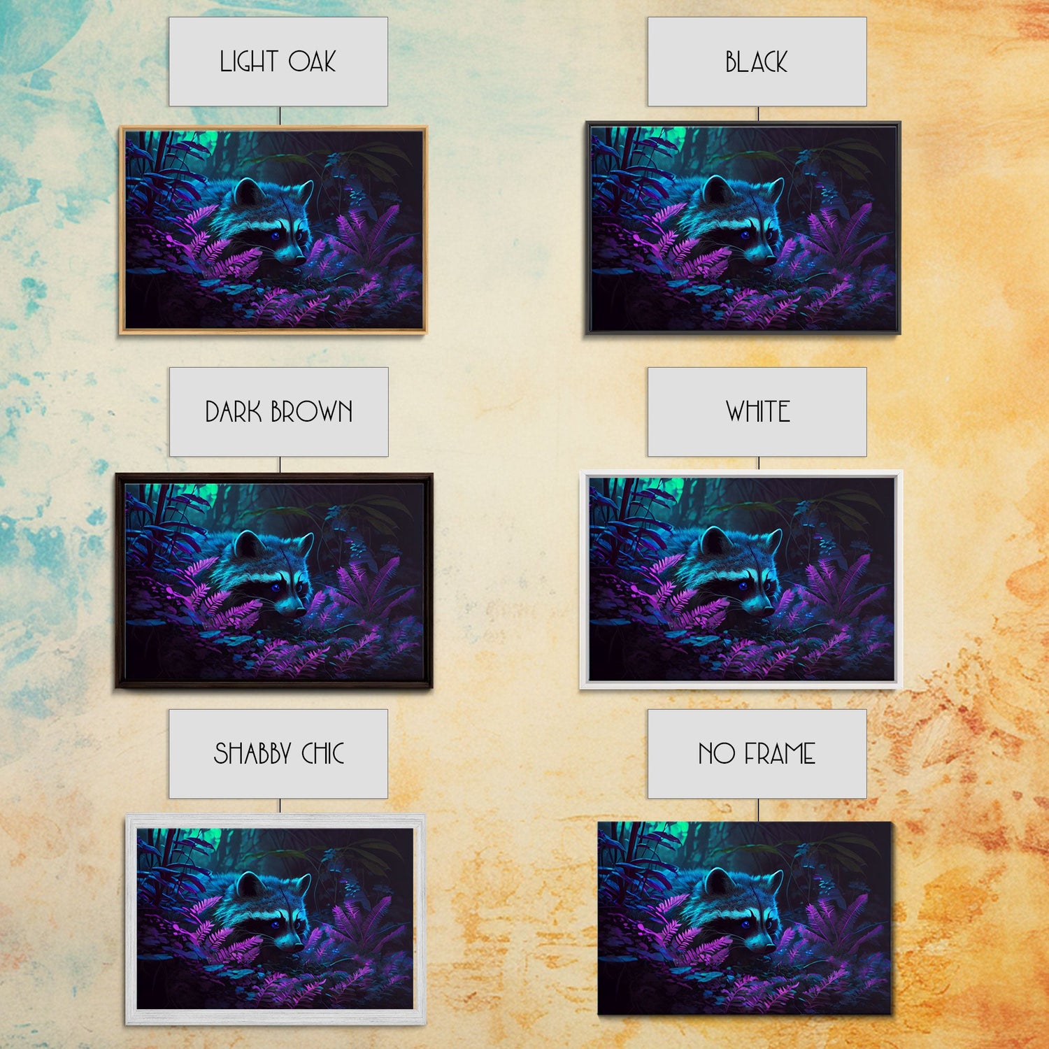 Trash panda art, Racoon in the jungle, vaporwave aesthetic animal art, framed canvas print