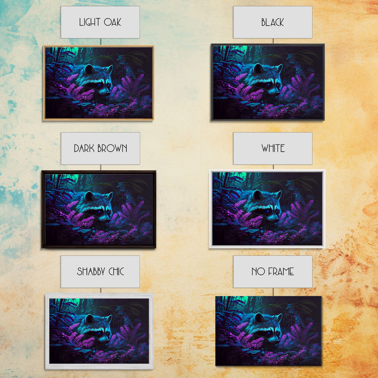 Trash panda art, Racoon in the jungle, vaporwave aesthetic animal art, framed canvas print