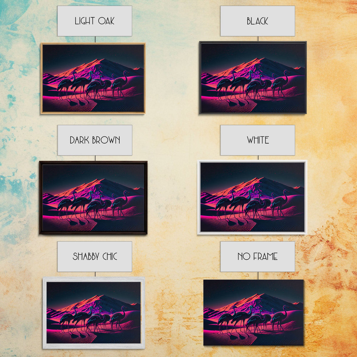 Emus in the desert, animal prints, animal art, framed canvas print, vapor wave synthwave animal art