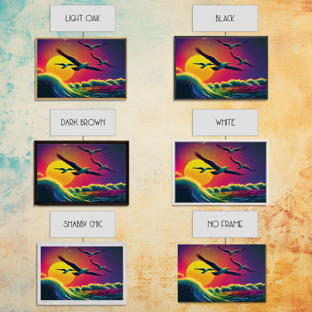 Flock of Seagulls, art deco style sun, framed canvas print, synthwave retrowave animal art