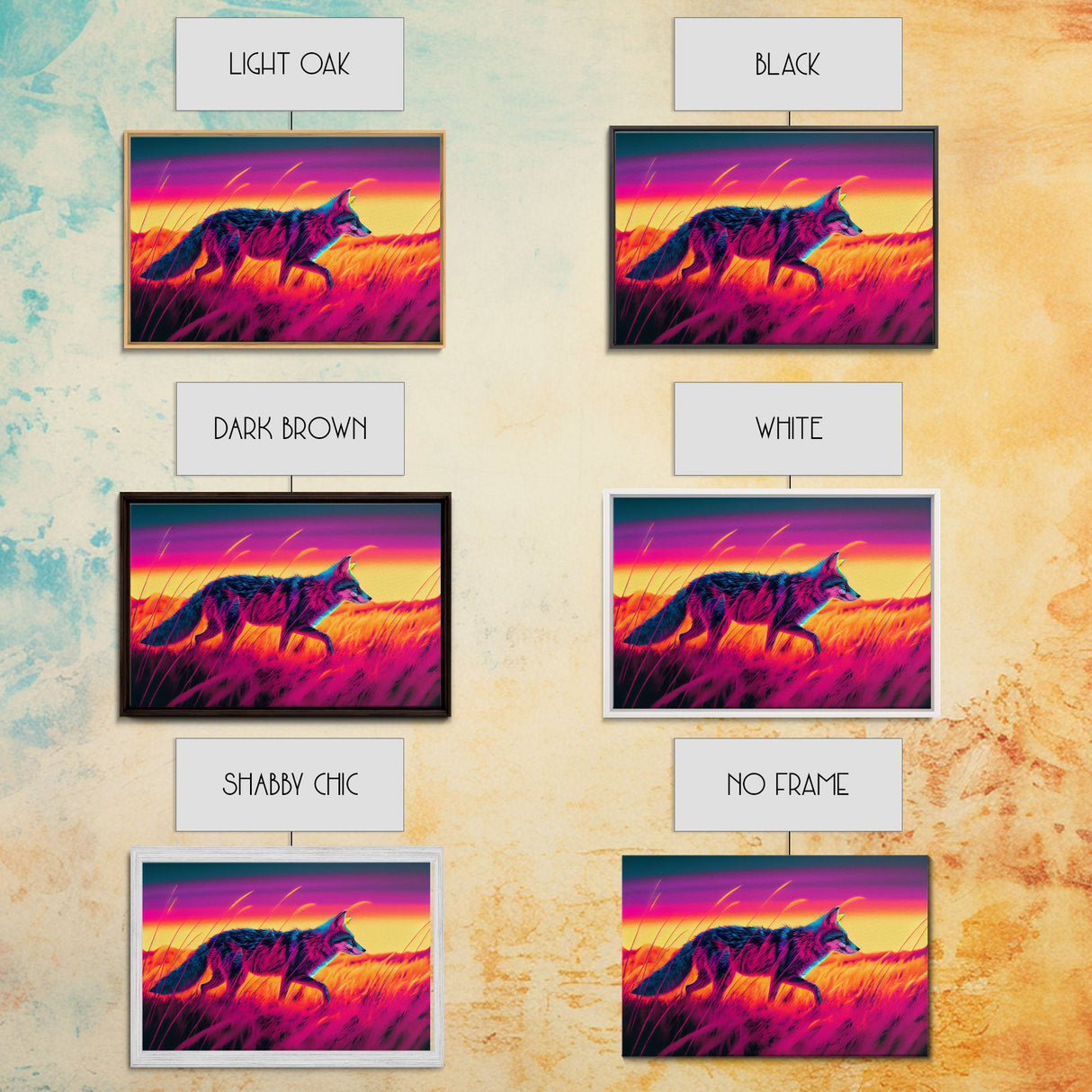 Cute fox in the tall grass, animal print, vaporwave framed canvas print, retrowave animal art