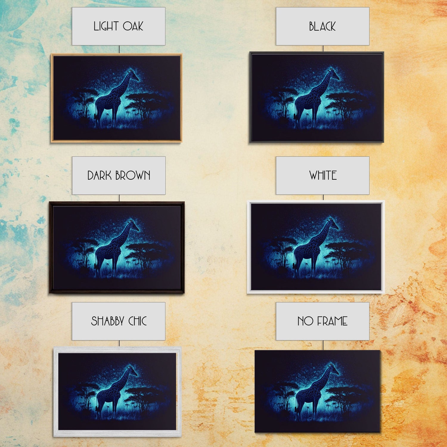 Surreal Giraffe Art, Wildlife Print, Animal Prints, framed canvas print, framed wall art, colorful turquoise night sky