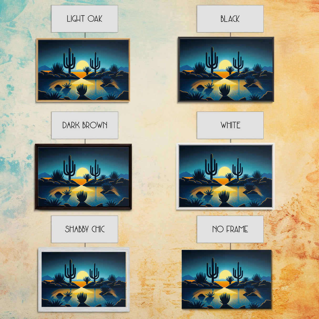 Retro Art Deco Style Pueblo Desert Art, Cactus Desert Landscape under a Full Moon, Framed Canvas Print, Cute Western Decor