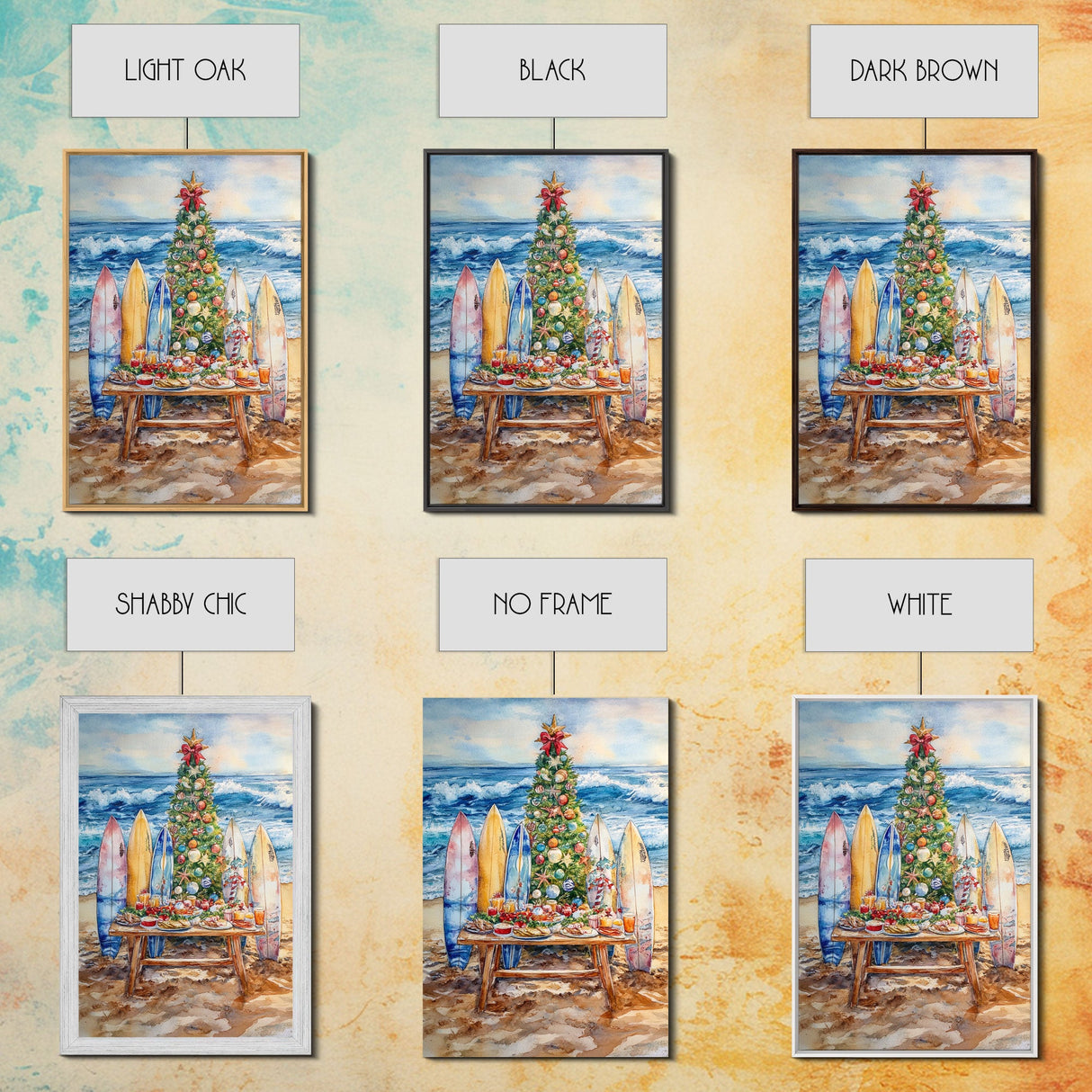 Christmas tree with surfboards on the beach, Framed Canvas Print tropical holiday wall art perfect beach Christmas decor holiday gift idea