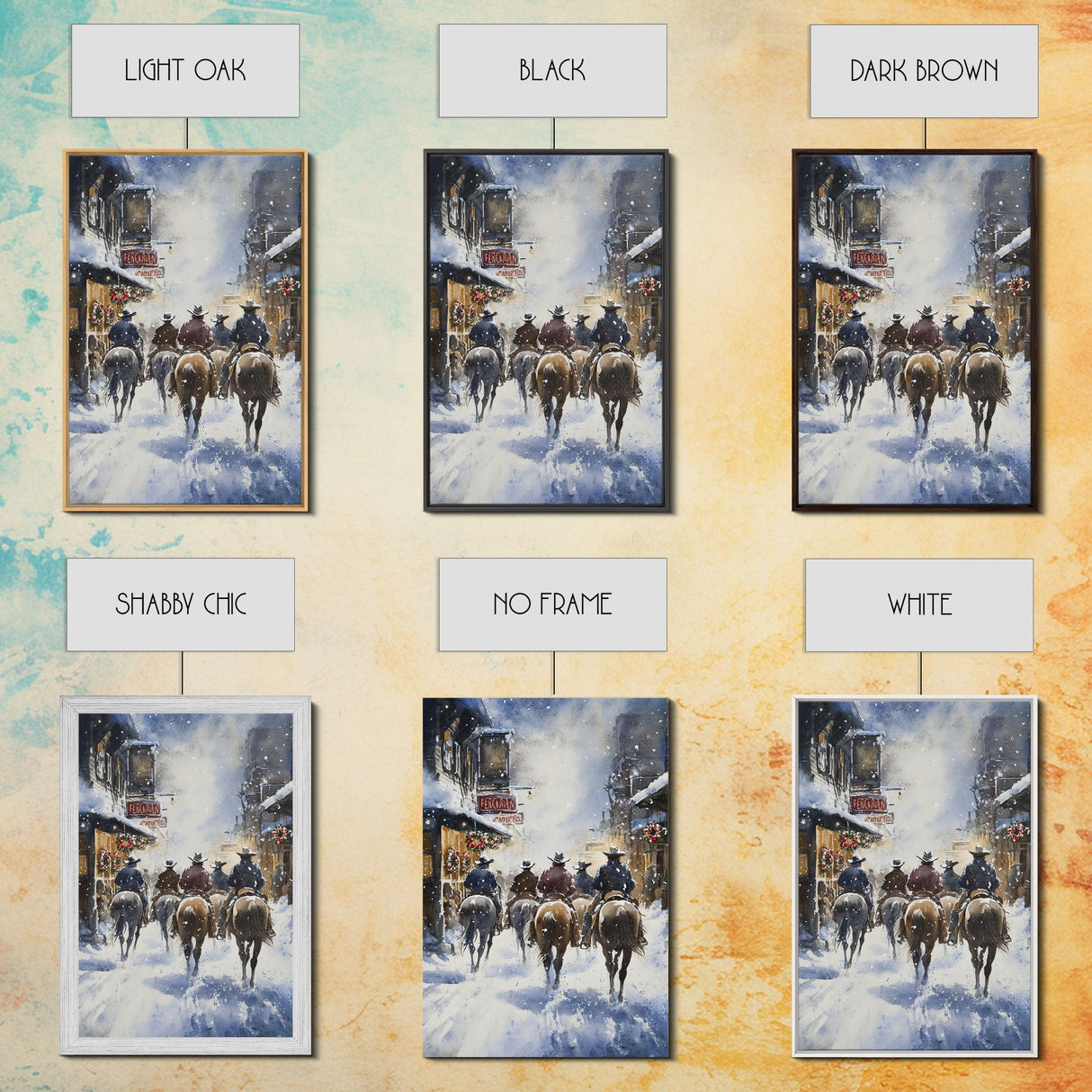 Cowboys Riding Into Town On Christmas, Western Christmas Decor, Framed Canvas Print, Christmas Outdoor Decor, Christmas poster