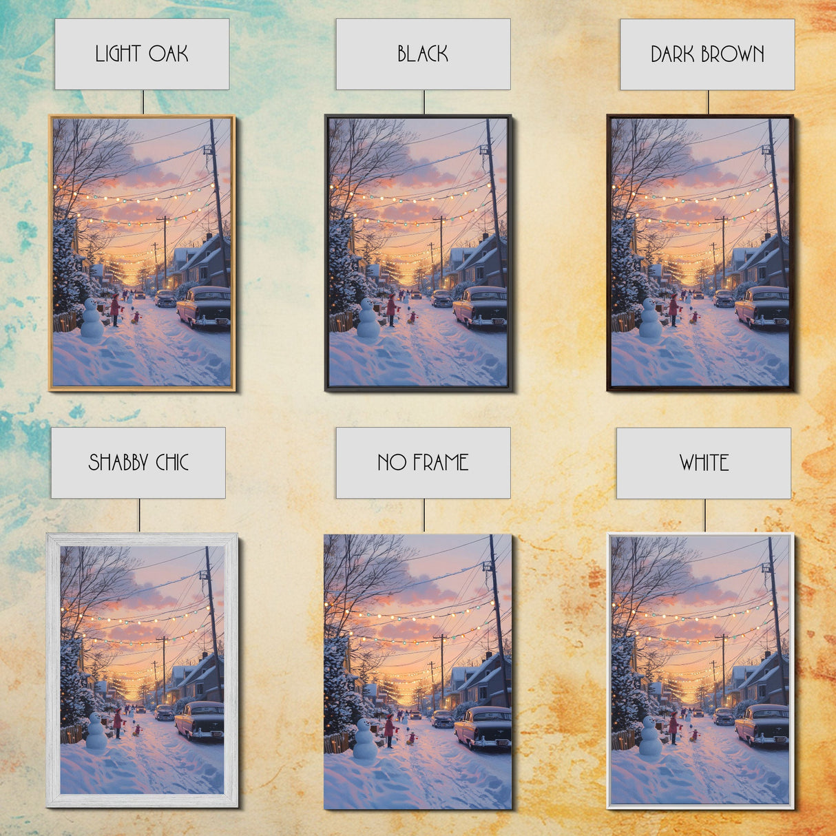 Cozy Neighborhood Christmas Evening with Snowmen and Festive Lights, Perfect for Framed Canvas Print and Holiday Wall Art