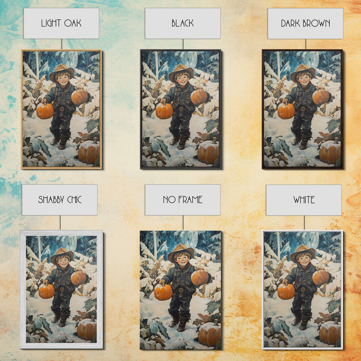 Cowboy Christmas Decor Framed Canvas Print with Pumpkin in Snow, Rustic Holiday Home Wall Art and Seasonal Gift Idea 2024