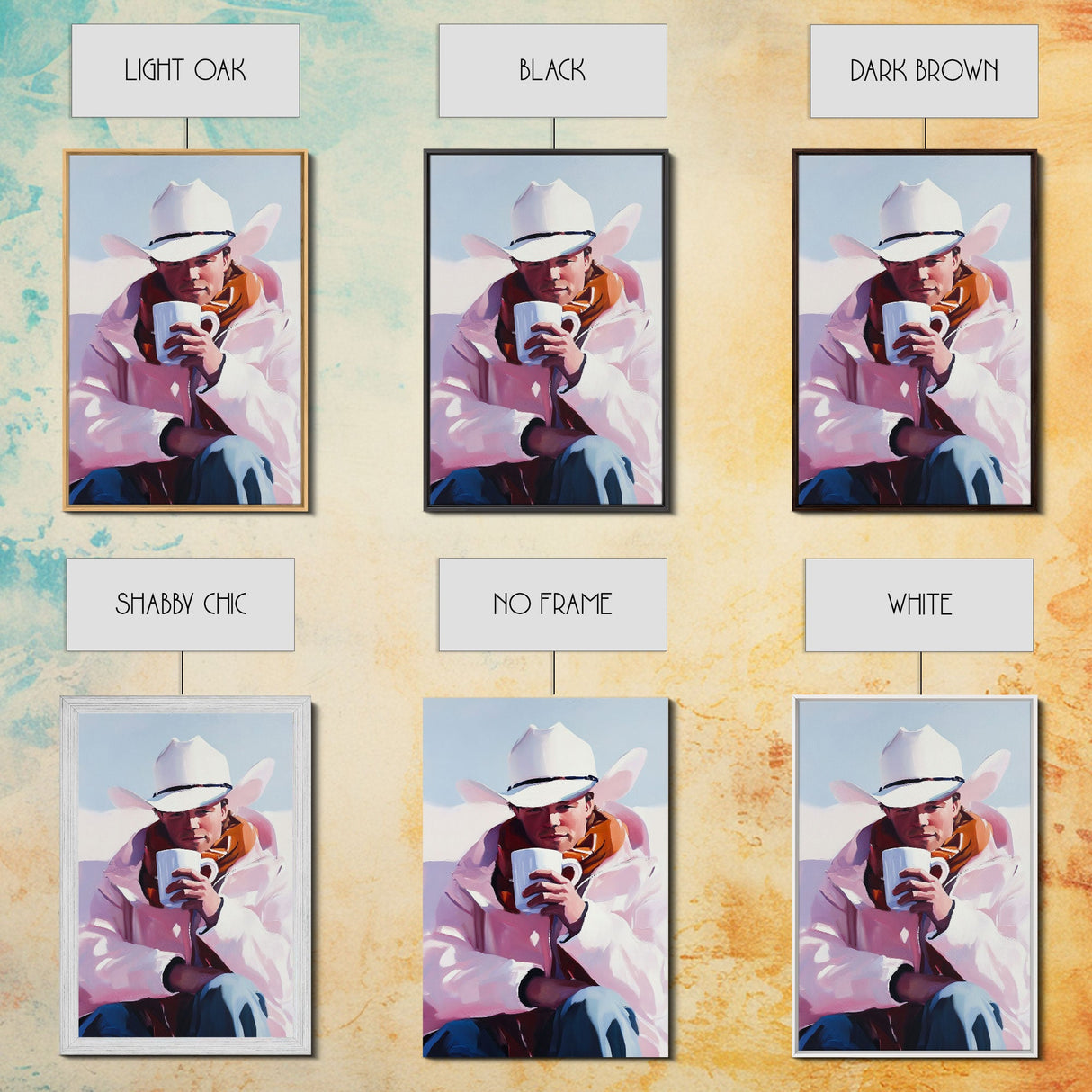 Cowboy with Mug in Snow Framed Canvas Print - Winter Country Scene Art Best 2024 Christmas Wall Decor Gift Idea