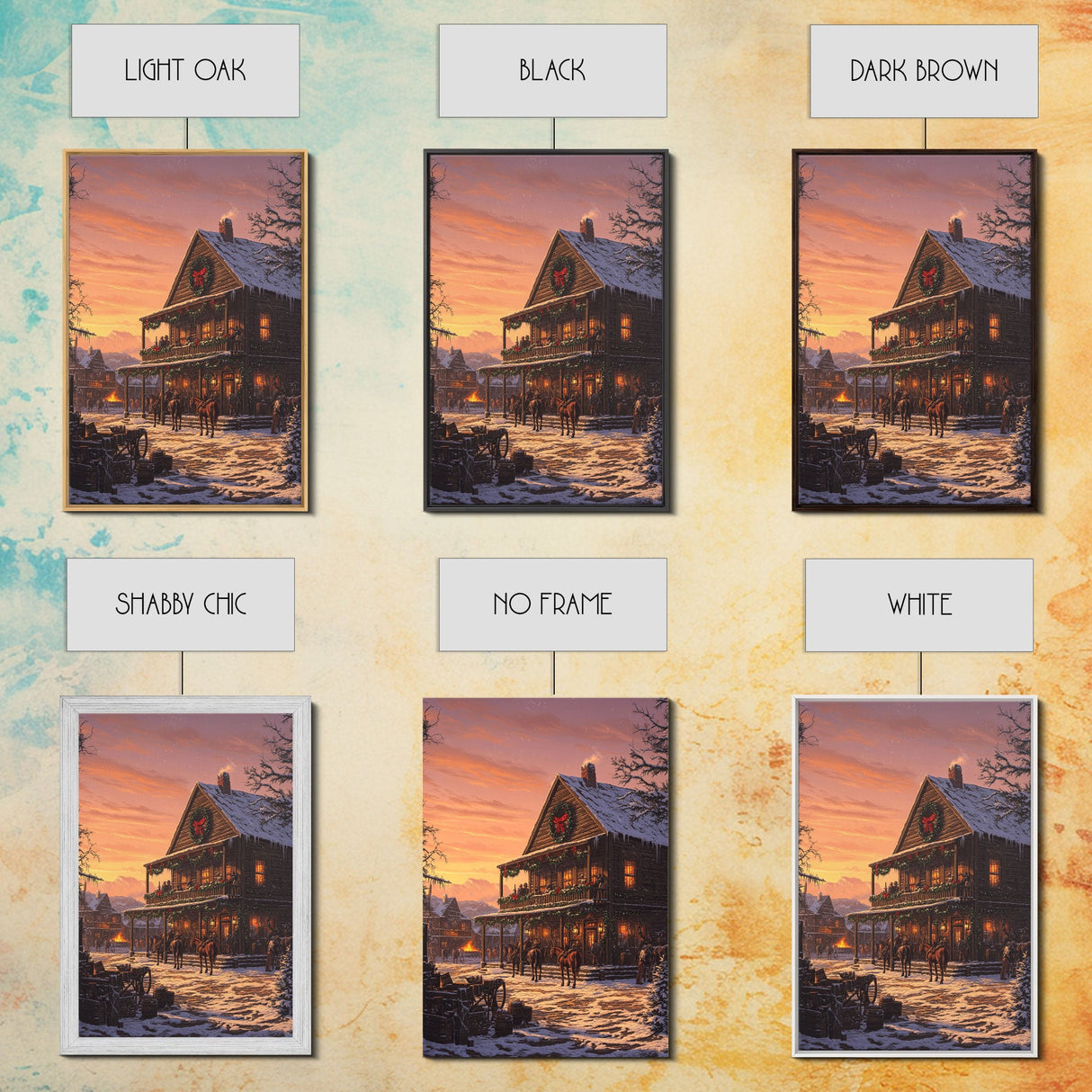 Western Town Christmas Framed Canvas Print Tall Art With Cowboys And Horses, Rustic Christmas Wall Art Home Decor Farmhouse Style