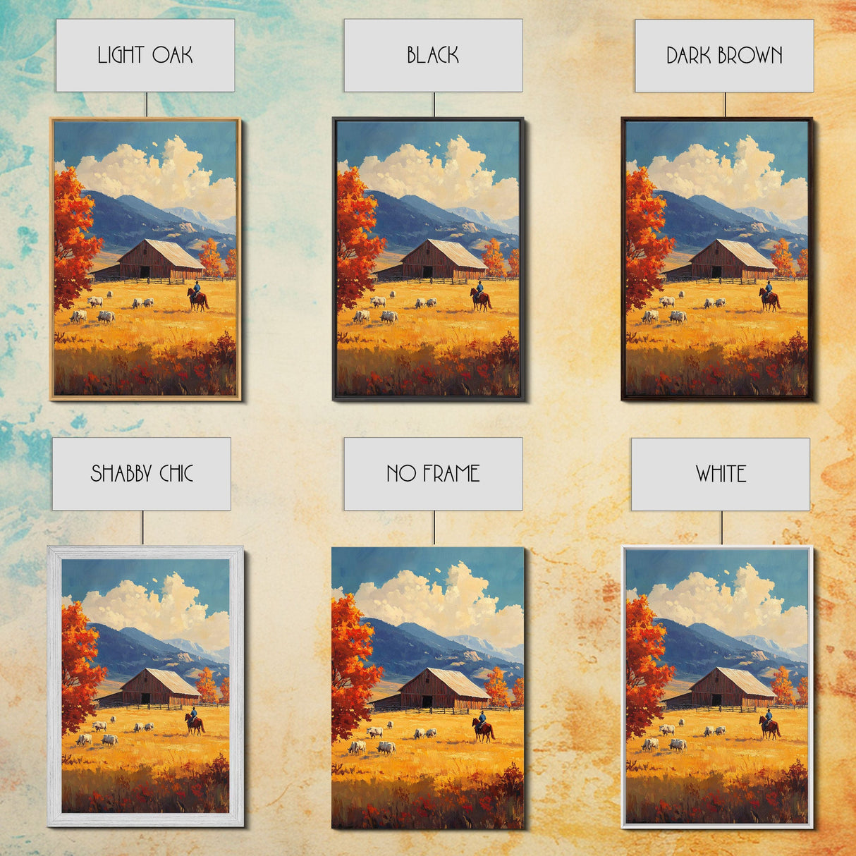 Cowboy Herding Cattle Framed Canvas Print Rustic Autumn Landscape With Barn And Vibrant Fall Colors Perfect Country Christmas Decor Art