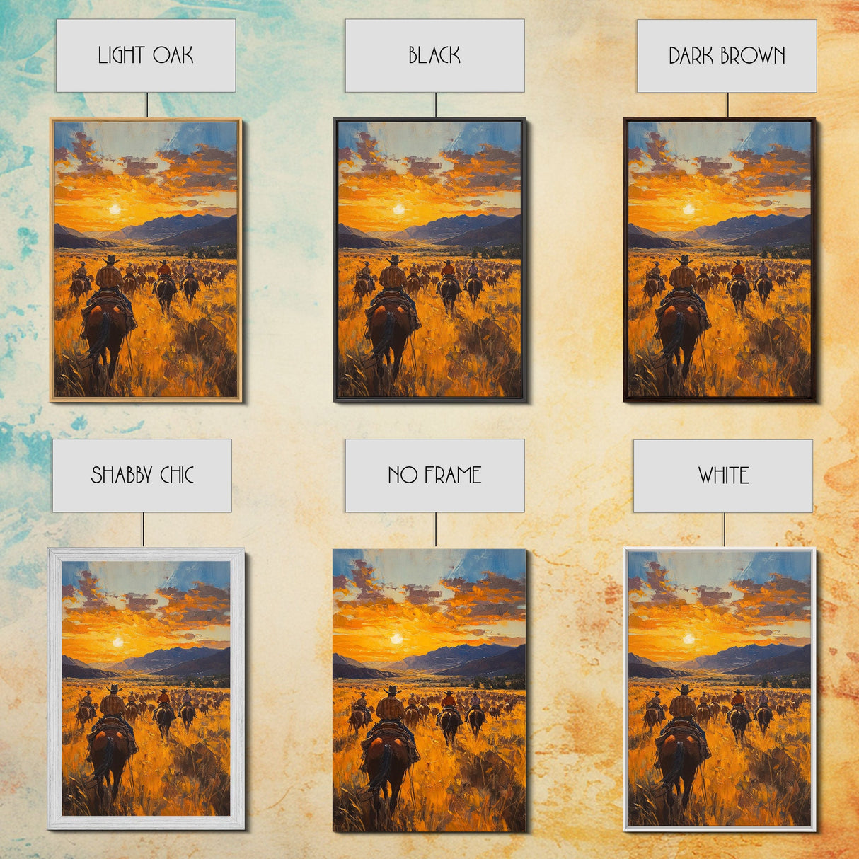 Cowboy Riders at Dusk Framed Canvas Print, Warm Sunset Western Scene with Riders on the Plains, Fall Decor Ranch Homes and Country Wall Art