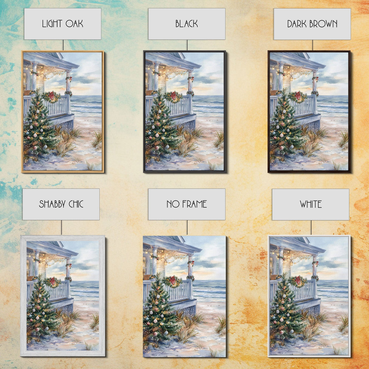 Coastal Christmas Tree Framed Canvas Print, Festive Holiday Decor Tree Beach and Ocean View, Nautical Wall Art Tropical Christmas Decor