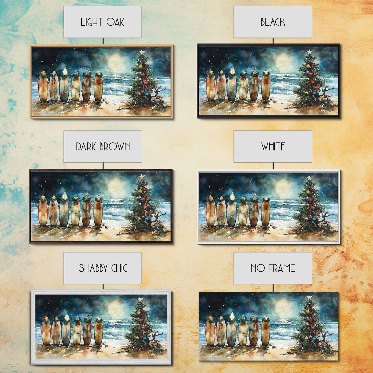 Canvas Print Surfboards and Christmas Tree at Beach, Tropical Christmas Decor, Beach Christmas Art, Coastal Holiday Wall Art