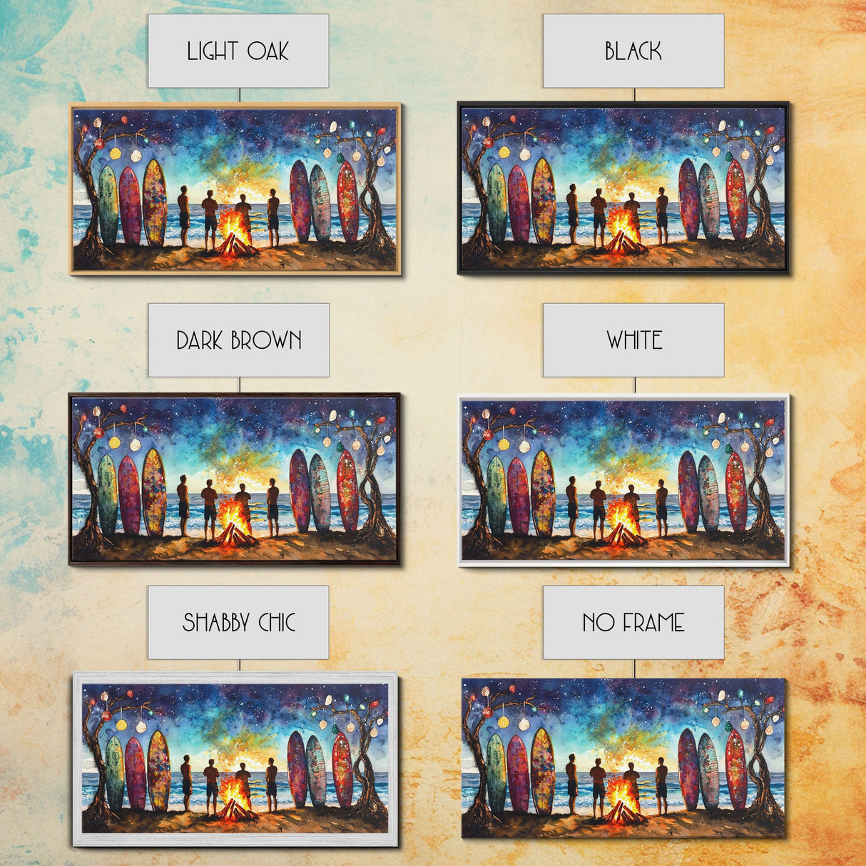 Canvas Print Beach Bonfire with Surfboards Under Stars, Coastal Christmas Art, Tropical Holiday Wall Art, Beach Christmas Decor