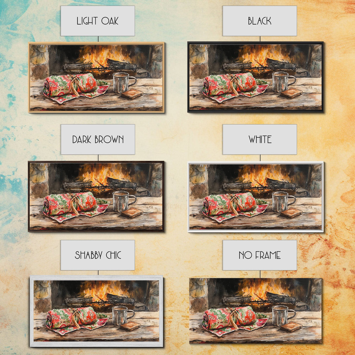 Canvas Print Cozy Fireplace with Christmas Blanket and Mug, Rustic Christmas Decor, Holiday Home Art, Warm Christmas Wall Art