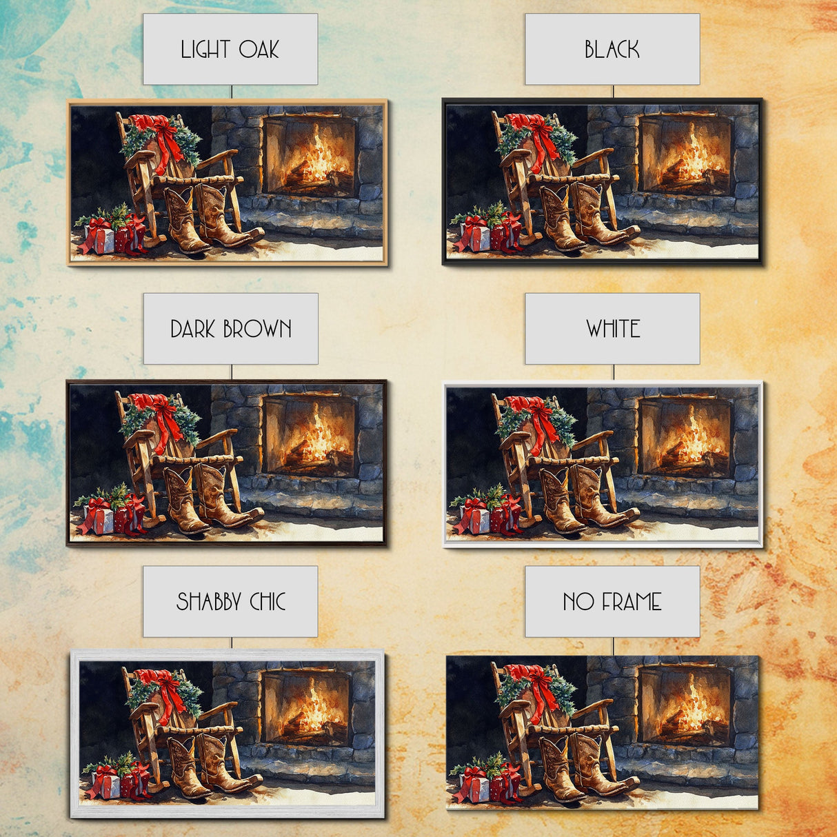 Canvas Print Rocking Chair and Cowboy Boots by Fireplace, Cozy Christmas Decor, Western Holiday Wall Art, Rustic Christmas Scene