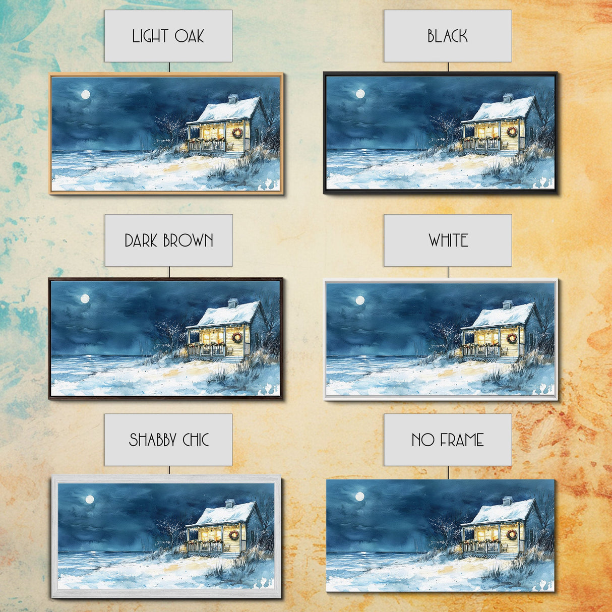 Coastal Christmas cabin decor, winter beach house art, snowy holiday seaside print, cozy Christmas wall art, framed canvas print