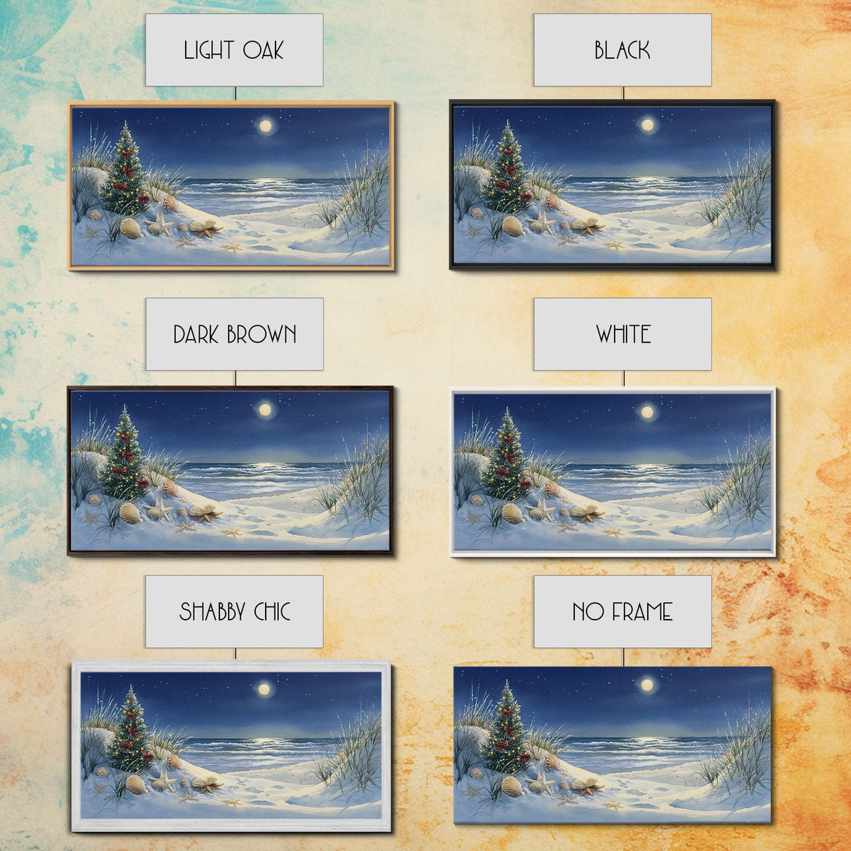 Christmas Tree on Snowy Beach with Full Moon, Framed Canvas Print, Coastal Christmas Art, Nautical Holiday Decor, Winter Wonderland, Beach