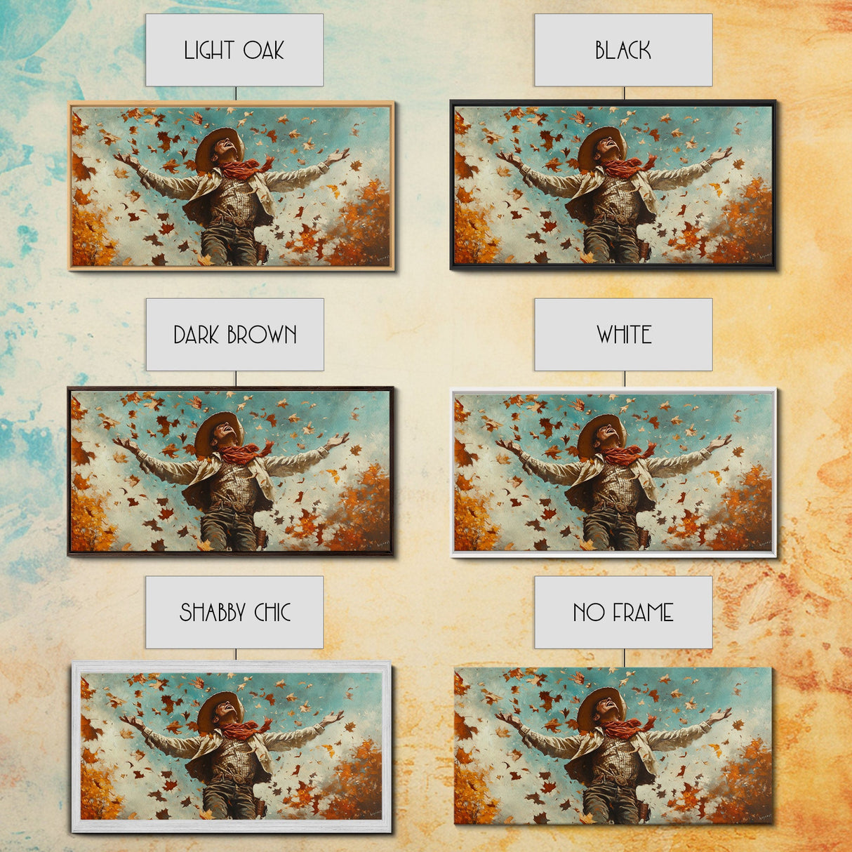 Cowboy Throwing Leaves In The Air, Funny Western Decor, Framed Canvas Print, Mood Lifting Wall Art, Fall Decor