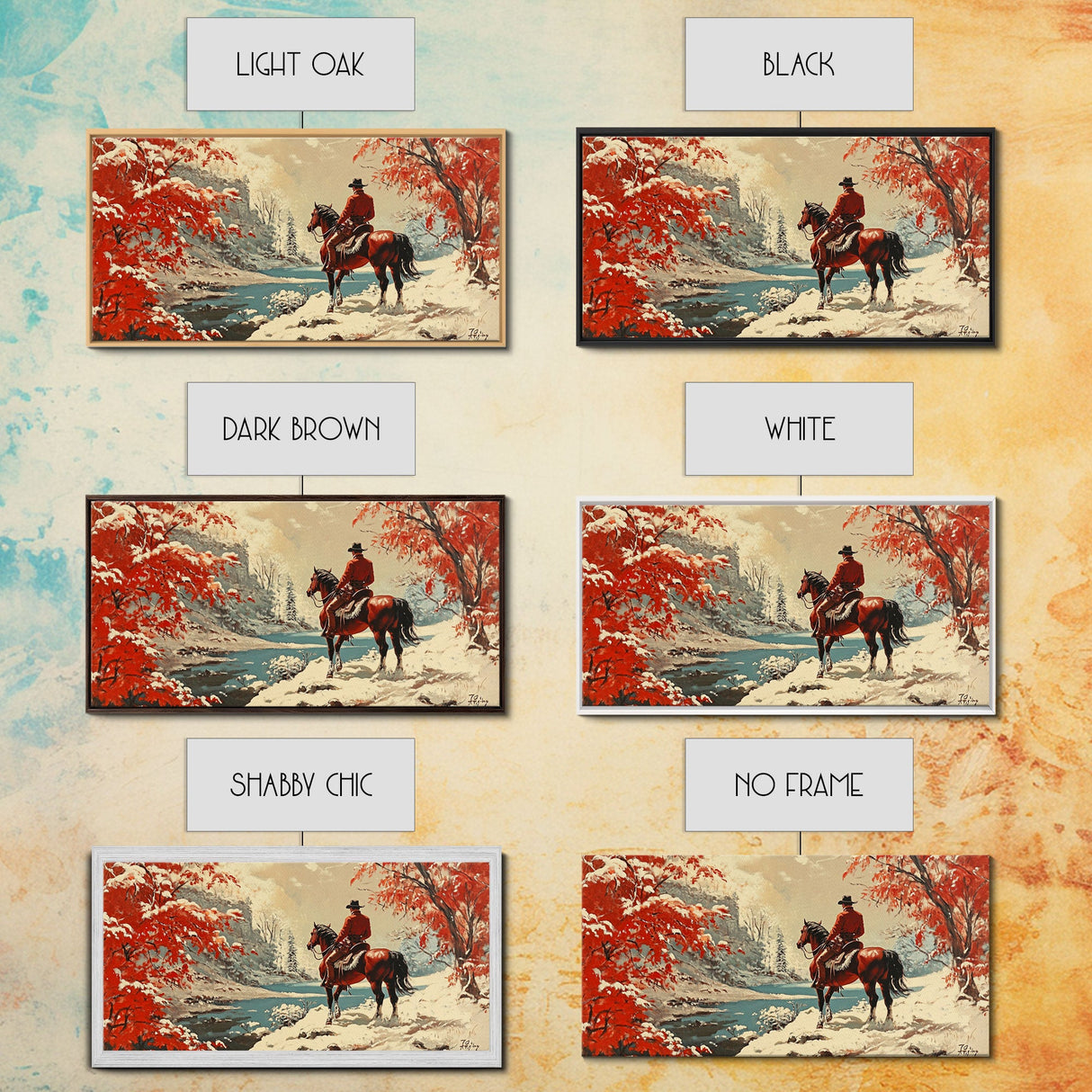 Cowboy resting by campfire under aspen trees with mountains in background, Framed Canvas Print, rustic wall art, warm western decor piece