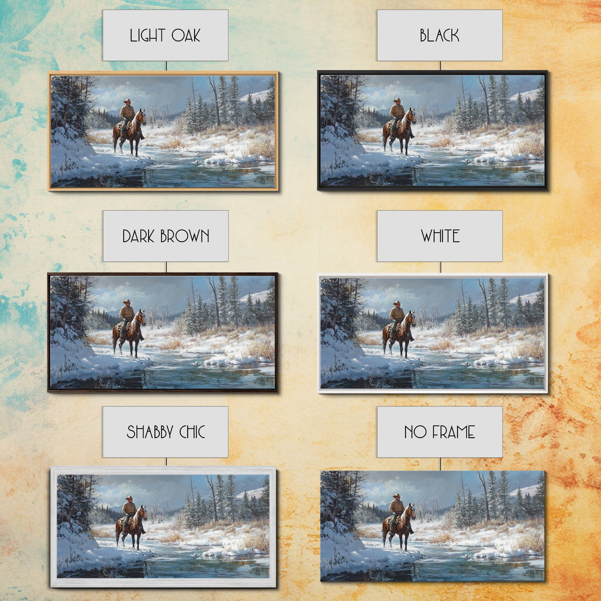 Cowboy riding horse through vibrant autumn forest, Framed Canvas Print, tall fall wall art, rustic western decor, moody landscape