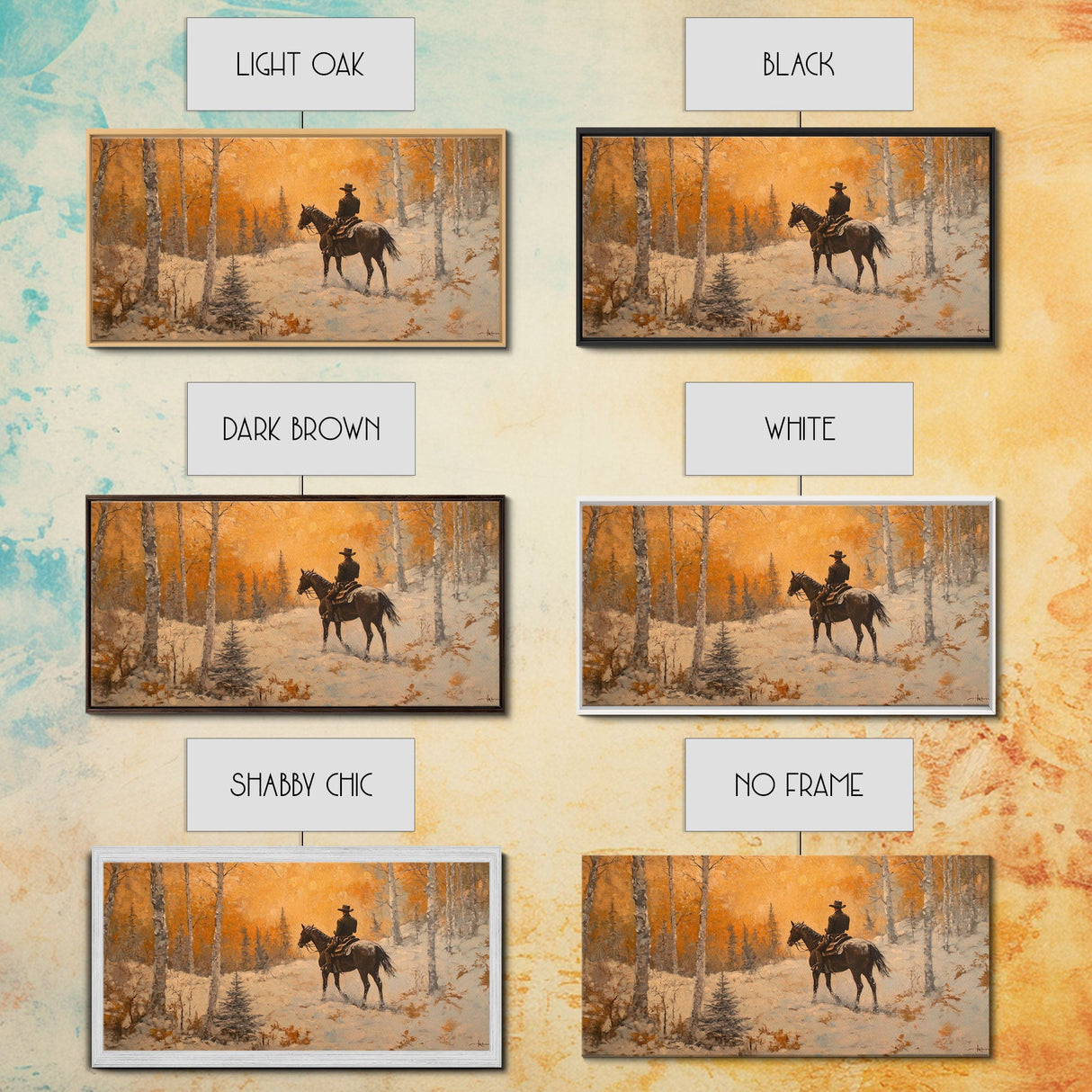 Cowboy riding horse through deep snow in a winter storm, Framed Canvas Print, dynamic winter wall art, rustic western home decor