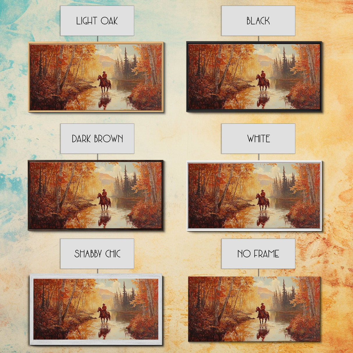 Black white cowboy riding toward snow-covered mountains, Framed Canvas Print, minimalist winter wall art, moody landscape, western decor