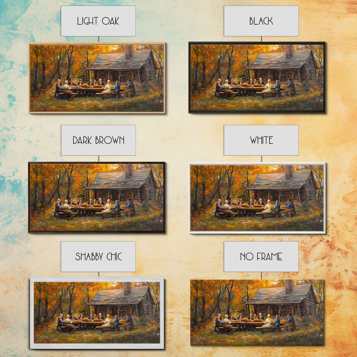 Thanksgiving Dinner With Family At Rustic Cabin, Cozy Fall Harvest Scene Wall Art, Warm Autumn Framed Canvas Print, Country Decor