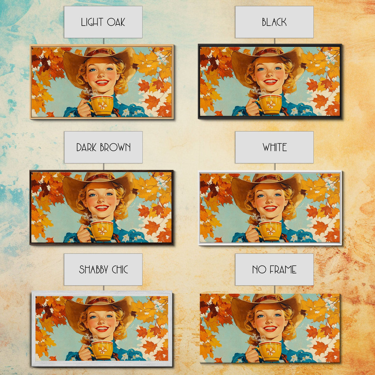 Happy Cowgirl Enjoying Hot Cocoa, Framed Canvas Print, Cute Fall Decor, Rustic Farmhouse Wall Art, Retro Style Trendy Autumn Decor