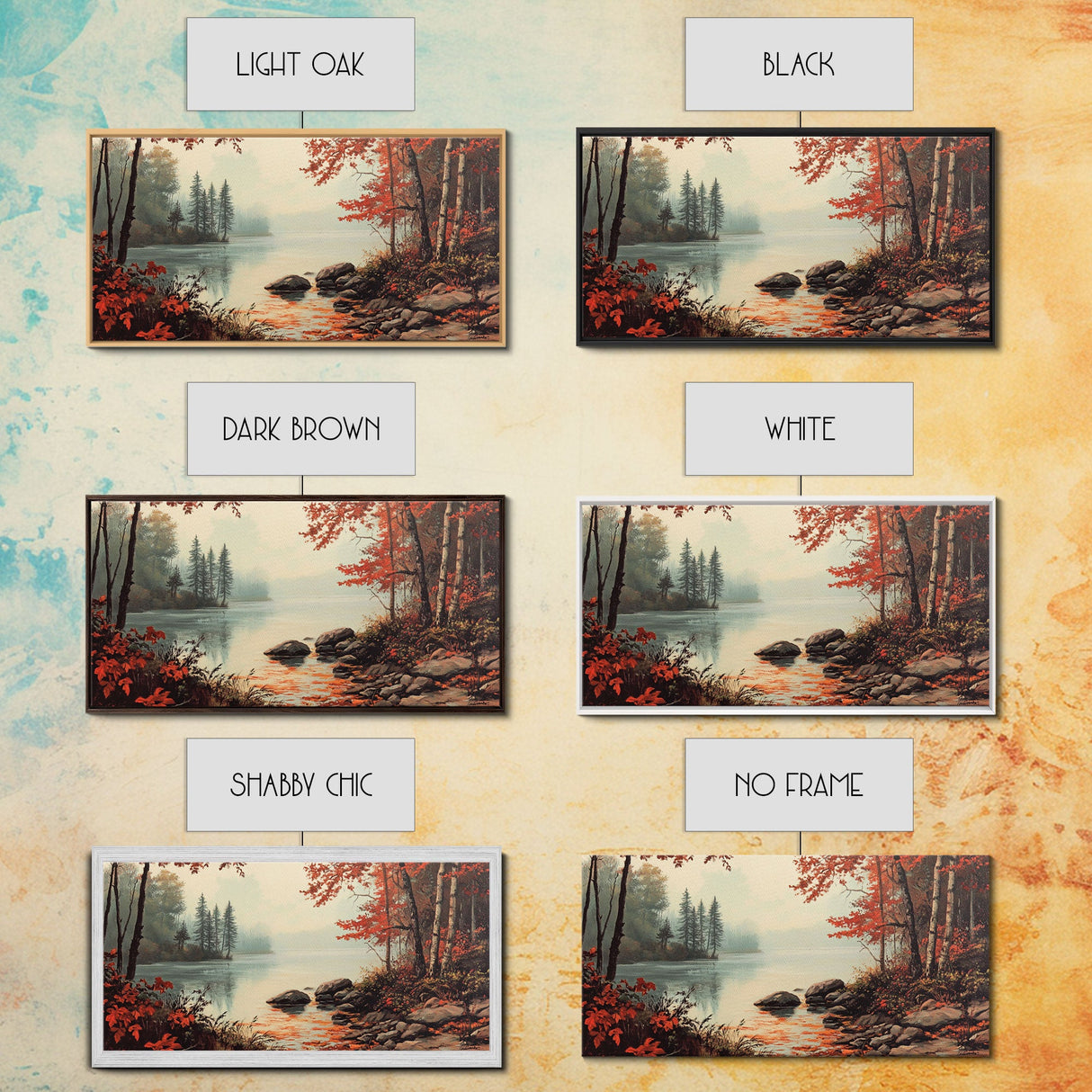 Fall On The River, Rustic Landscape Painting, Primitive Wall Art, Framed Canvas Print, retro festive holiday wall art Christmas decor