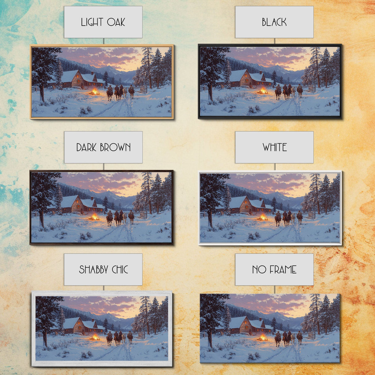 Cowboys and Log Cabin Winter Christmas Framed Canvas Print, Rustic Mountain Holiday Scene Art, Best Christmas Gift Idea, Winter Decor