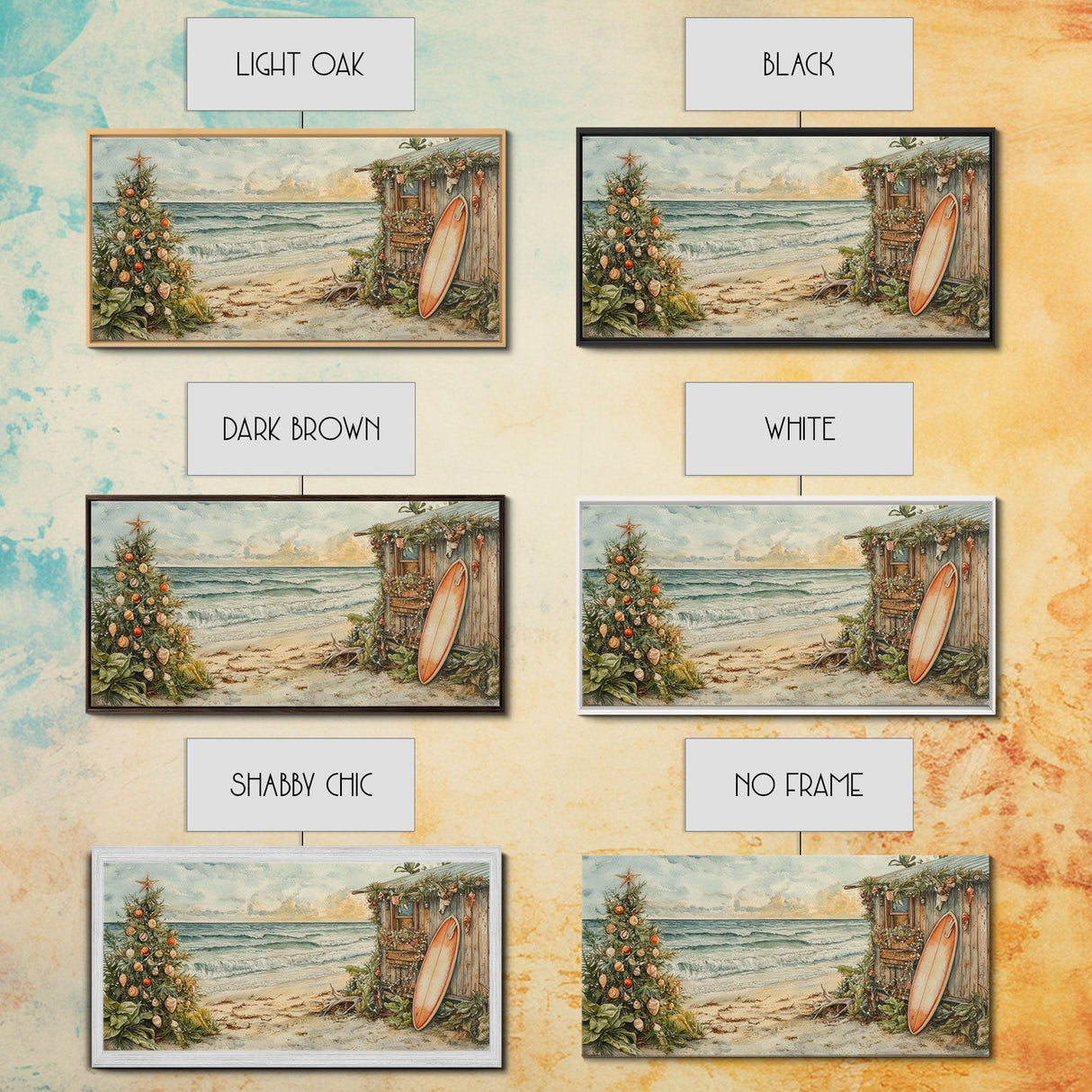 Christmas Tree Beside Rustic Beach House Coastal Holiday Scene Framed Canvas Print, Beach Christmas Wall Art And Decor