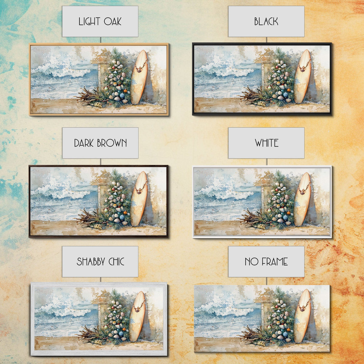 Coastal Christmas Scene Surfboards Christmas Tree Framed Canvas Print, Beach Holiday Decor Wall Art With Surfing Theme