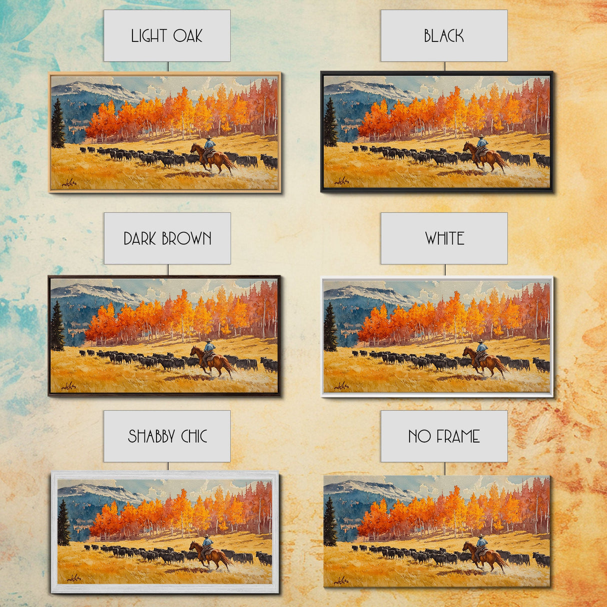 Cowboy Herding Cattle Under Mountains Framed Canvas Print Tall Art Autumn Country Landscape Fall Decor Western Wall Art Farmhouse Gift Idea