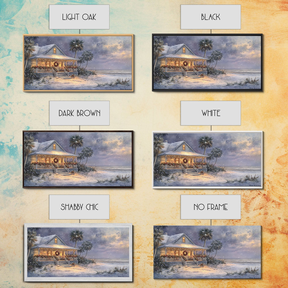 Christmas beach decor scene in tropical house with wreath and lights, Framed Canvas Print palm trees snow, winter art and holiday home decor