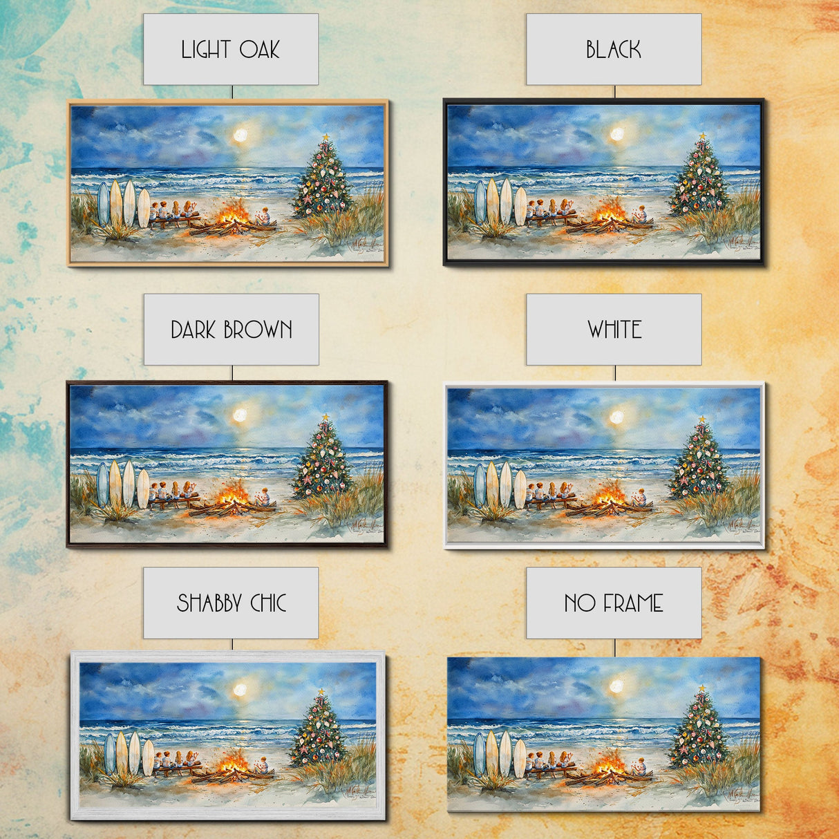 Christmas bonfire on the beach with surfboards and decorated tree, framed canvas print ideal tropical holiday wall art decor