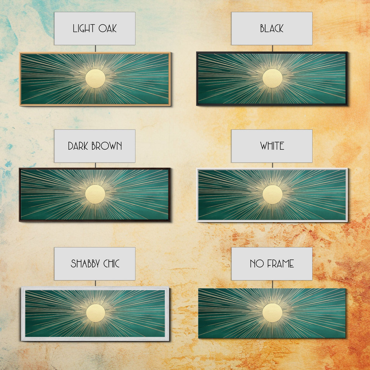 Emerald Green Sun Burst Wall Art, Art Deco Retro Vibes, Eclectic Home Decor, Emerand Green and Gold Horizontal Framed Canvas