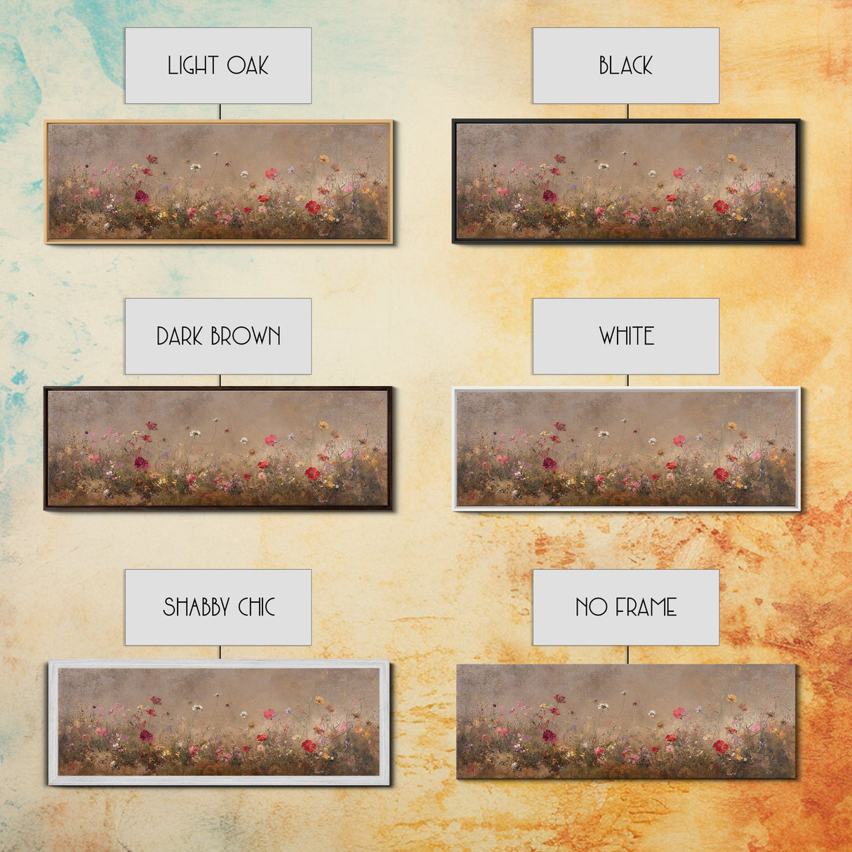 Wild Flowers On a Grey Background, Framed Canvas Print, Panoramic Oil Painting Print, Boho Farmhouse Decor, Modern Rustic Primitive Decor
