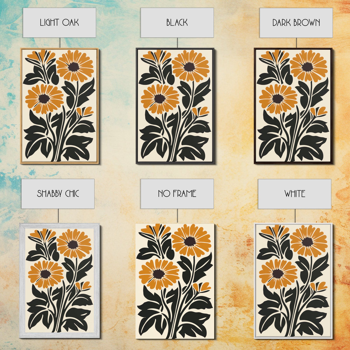 Midcentury Modern Boho Flowers Bouqet Wall Art Canvas Print, MCM Wall Art, Retro Style Abstract Art, Orange Flowers on White Background