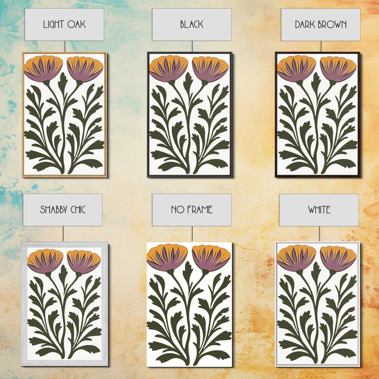 Abstract Botanical Wall Art, Framed Canvas Print, Purple Flowers on White Background