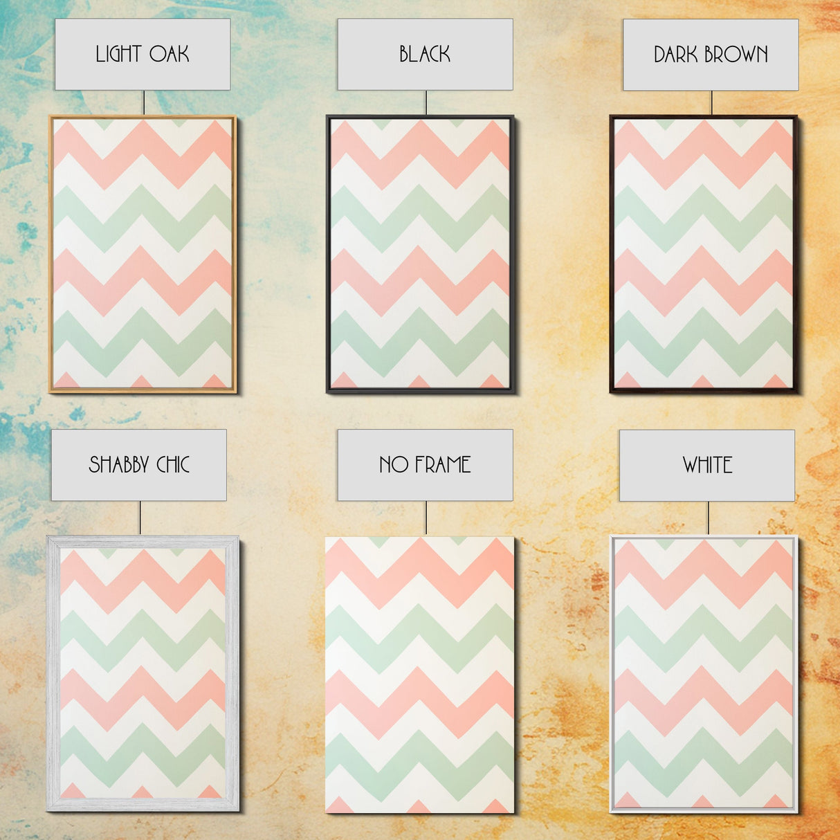 Mint Green and Pink Chevrons, MCM style Mid Century Modern Home Decor, Framed Canvas Print, Whimsical Wall Art
