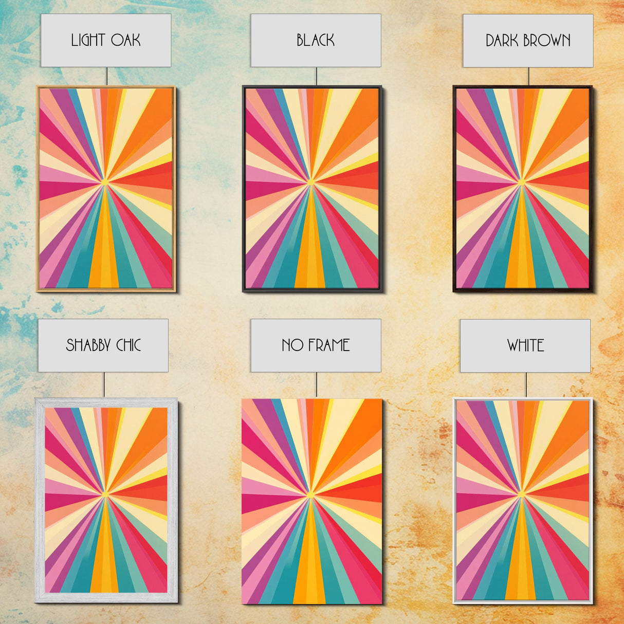 Tahiti Gold, Light Tan, Carmine Pink and Teal Wall Art, Framed Canvas Print, Beautiful MCM Inspired Boho Decor, Geometric Wall Art