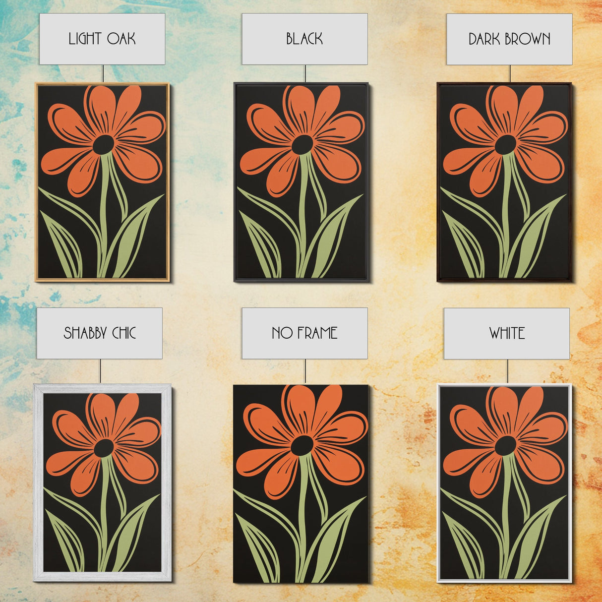 Orange Daisy with Black Background, Framed Canvas Print, Cute Floral Print, Botanical Minimalist Home Decor