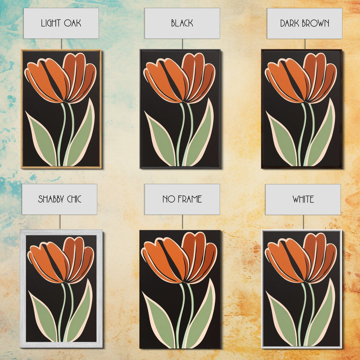 Orange Tulip with Black Background, Framed Canvas Print, Cute Floral Print, Botanical Minimalist Home Decor