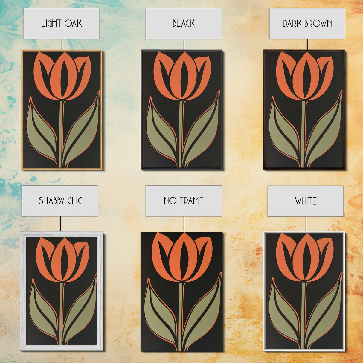 Framed Canvas Wall Art, Dark Botanical Black Background Orange Flower Modern Boho Wall Art Living Room Decor Above Sofa
