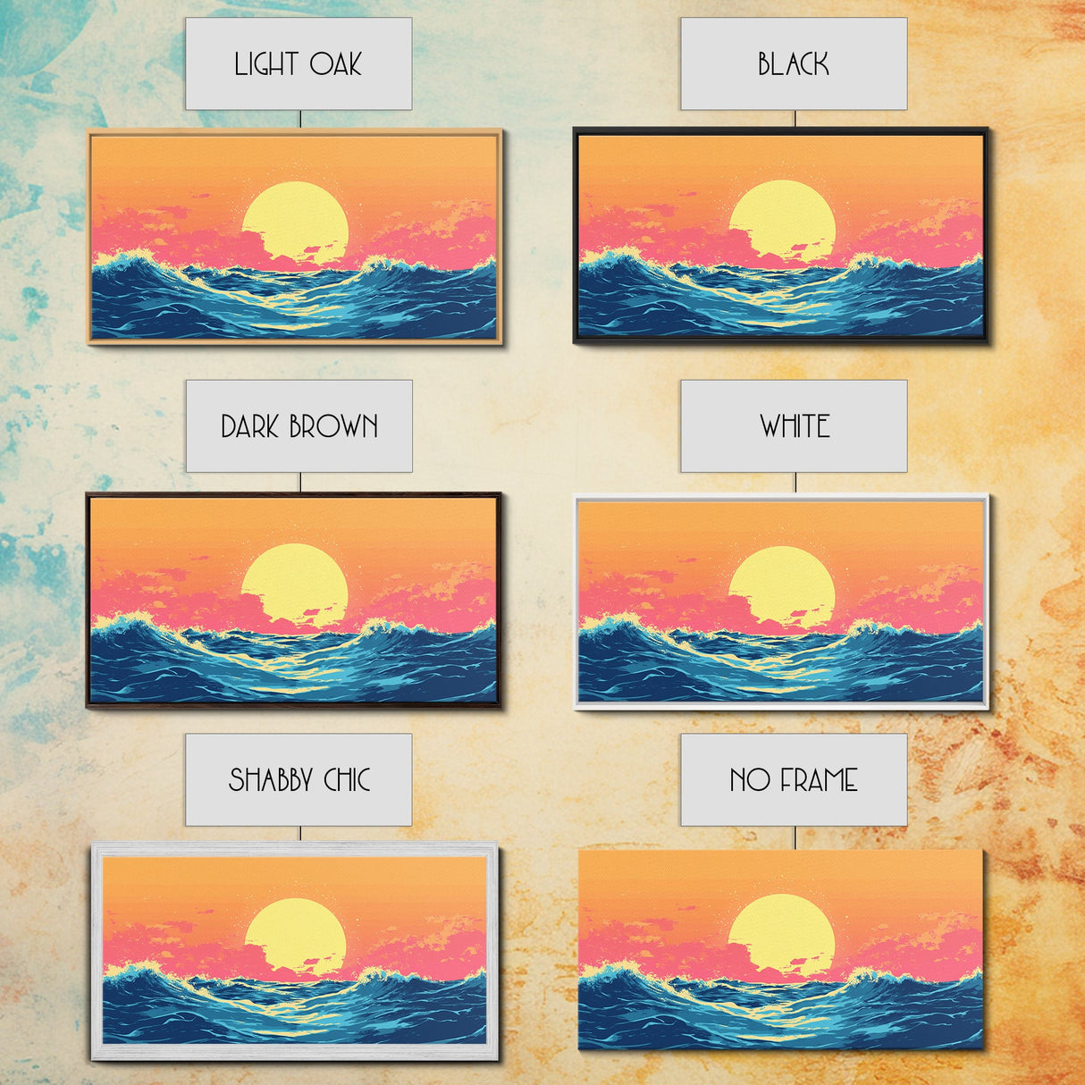 Vaporwave Sunset Over Ocean Waves Framed Canvas Print, Retro Vibes Wall Art