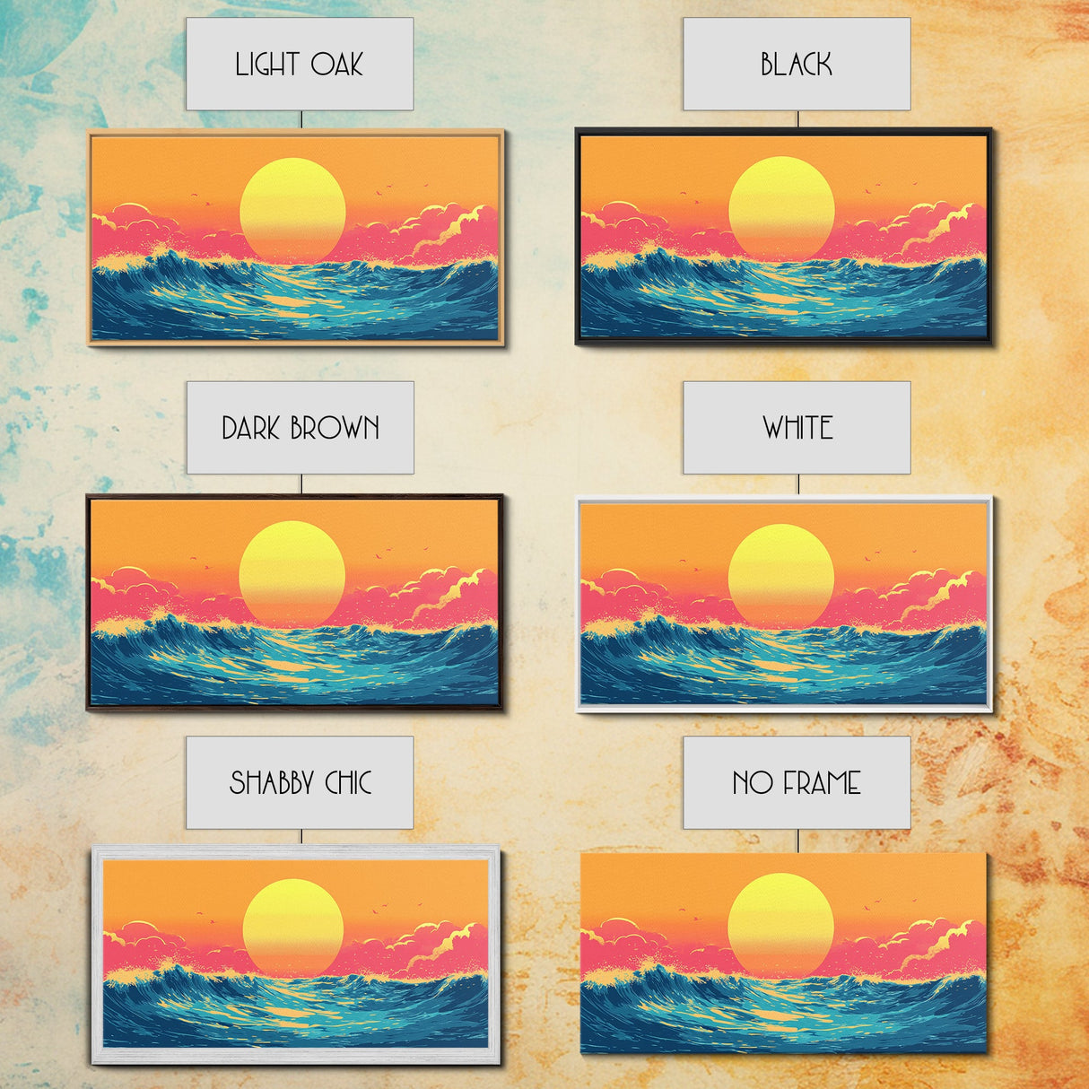 Retro Sunset Over The Ocean, Framed Canvas Print, Beautiful Synthwave Horizontal Wall Art