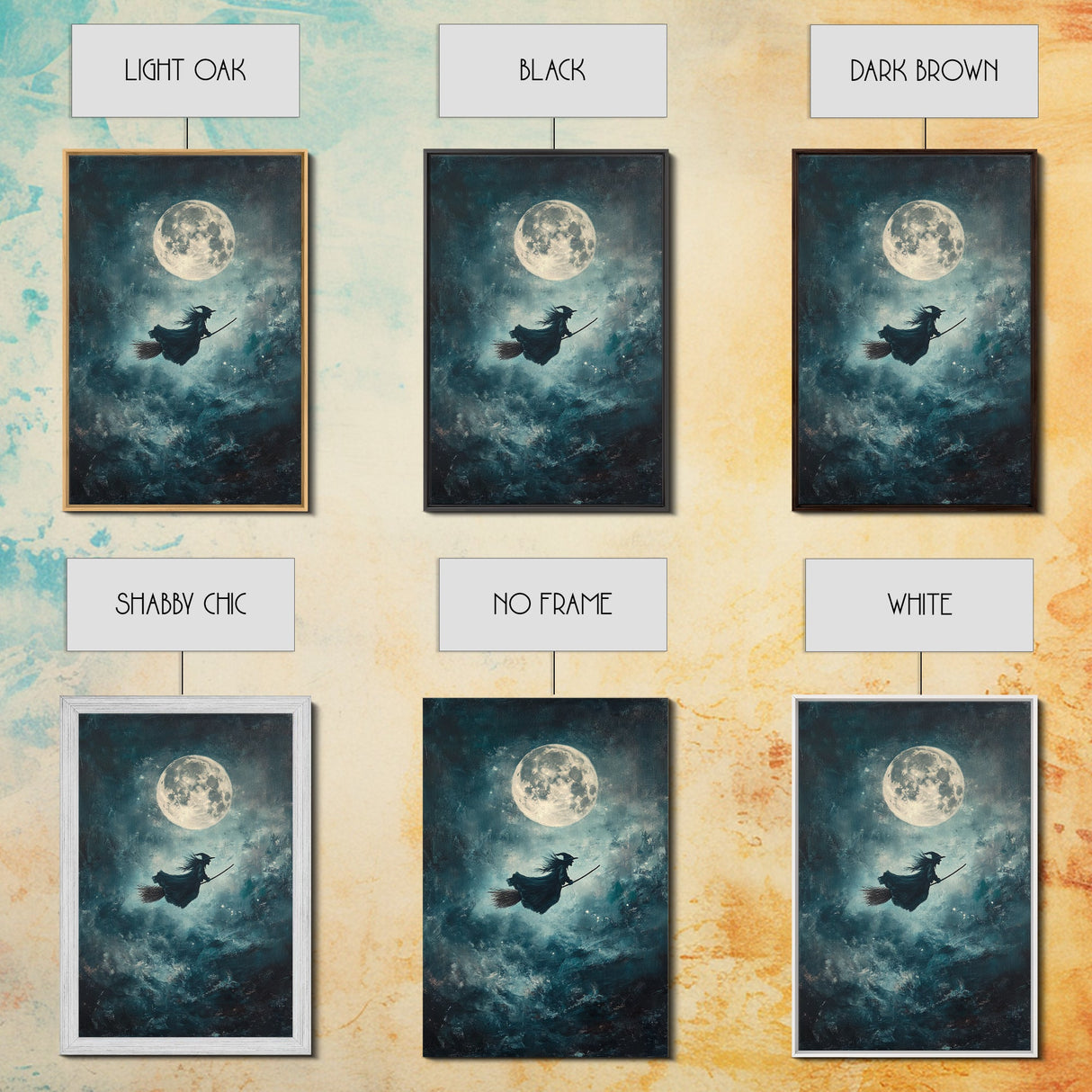 Witchy Decor, Witch Wall Art, Witch Riding a Broom Under a Full Moon, Witch Painting, Framed Canvas Print, Witchy Wall Art, Halloween Decor
