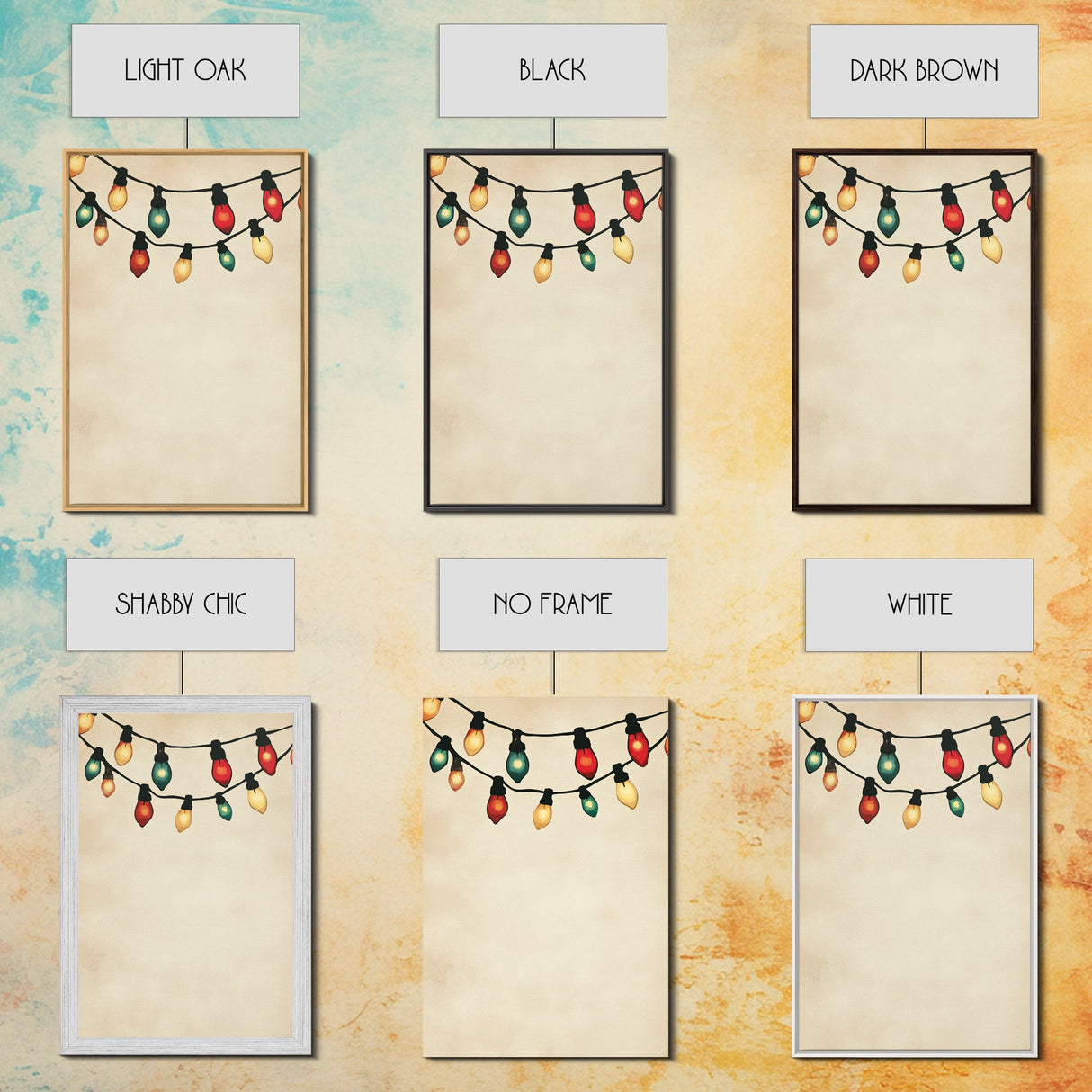 Drawing of Retro Christmas Lights Canvas Print - Framed Canvas - Minimalist Christmas Art - Boho Christmas Art - Rustic Christmas Art